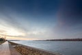 Selective blur on the panorama of dunav river, or danube, on the pedestrian waterfront of the Danube quay in Belgrade, Serbia, at