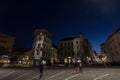 Selective blur on Presernov trg, or Preseren square, the main square of Ljubljana, with pedestrians passing by with a speed blur