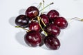 Selective blur on red cherries on a plate, in a studio shot. Cherries, also called prunus cerasus,is a berry also known as sour
