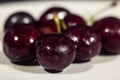 Selective blur on red cherries on a plate, in a studio shot. Cherries, also called prunus cerasus,i s a berry also known as sour