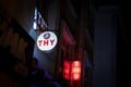 Selective blur on a THY sign at night, meaning Turk Hava Yollari, the turkish logo of Turkish airlines