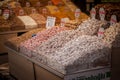 Selective blur on turkish delights, or rahalt lokum, for sale at a stall of Istanbul Misir Carsisi spice market.