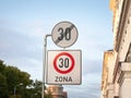 Selective blur on an urban speed limit sign taken in Riga, Latvia, indicating drivers are entering a 30kph zone, a place where Royalty Free Stock Photo