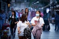 Selective blur on Young people, young asian women, tourists, friends, walking wearing face mask protective equipement