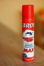 Selective closeup of Bros Max protection insect spray bottle on a table