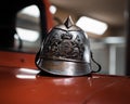 Selective closeup shot of a gray sallet helmet Royalty Free Stock Photo