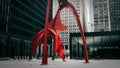 Selective color shot of downtown Chicago metal red Sculpture art