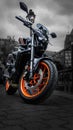 Selective color of Yamaha MT-09 motorcycle orange wheel, grayscale shot