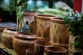 Selective focu shot of pottery items and pots with plants