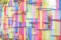 Abstract image of blurry hanging colorful multi color of fabric cloth decoration at temple fair. Royalty Free Stock Photo