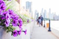 Selective focus of affectionate couple walking away with city sk Royalty Free Stock Photo