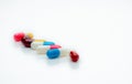 Selective focus antibiotic capsule pills on white background. Antibiotic drug resistance. Pharmacy web banner. Pharmaceutical