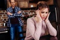 selective focus of argued couple in kitchen at home relationship Royalty Free Stock Photo