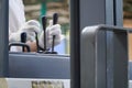 Selective focus Asian male worker drives a forklift in an industrial factory. Concept of industrial and industrial workers