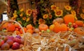 Autumnal harvest yellow, orange, green pumkins and vegatable in the market
