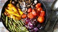 Selective focus. Baked vegetables in a pan. Healthy bright food. Cooking at home. Vegan diet. Royalty Free Stock Photo