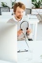 Selective focus of bearded operator in Royalty Free Stock Photo