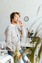 Selective focus of bearded operator in Royalty Free Stock Photo