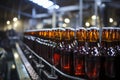 Selective focus on beer bottles on conveyor, shallow DOF highlights manufacturing precision