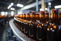 Selective focus on beer bottles on conveyor, shallow DOF highlights manufacturing precision