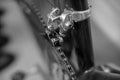 Detail view of a racing bicycle`s front derailleur