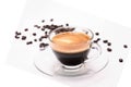 selective focus.Black coffee in clear glass, Transparent coffee cup with roasted coffee beans isolated on a white background with Royalty Free Stock Photo