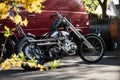 Selective focus of a black Harley Davidson motorcycle parked in a park in Providence, the US