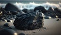 Selective focus of black stone texture. Beautiful marine view at the seaside