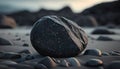 Selective focus of black stone texture. Beautiful marine view at the seaside