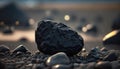 Selective focus of black stone texture. Beautiful marine view at the seaside