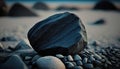 Selective focus of black stone texture. Beautiful marine view at the seaside