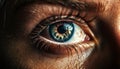 Selective focus on blue eyed woman macro iris in studio shot generated by AI