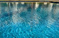 Selective focus on the blue surface of the water in the pool with reflections. Relaxing natural background