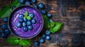 Selective focus blueberry smoothie detox diet and healthy vegetarian eating concept