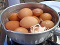 Selective focus of boiling chicken eggs Royalty Free Stock Photo