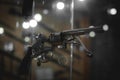 Selective focus, bokeh. background with old weapons. Revolver of old modification, close up, details of a firearm Royalty Free Stock Photo