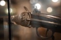 Selective focus, bokeh. background with old weapons. Revolver of old modification, close up, details of a firearm Royalty Free Stock Photo