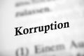 Selective focus from the book page of the word 'Korruption' translated as Corruption Royalty Free Stock Photo