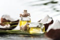 Selective focus of bottles with coconut oil near cracked coconuts and palm leaves. Royalty Free Stock Photo