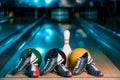 Selective focus of bowling shoes, balls