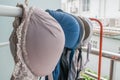 Selective focus of bra hanging on a clothesline