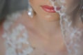 selective focus on the bride lips covored with veil Royalty Free Stock Photo