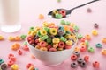 Selective focus of bright multicolored breakfast cereal in bowl near glass of milk and spoon Royalty Free Stock Photo