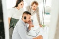 Selective focus of broker in headset Royalty Free Stock Photo