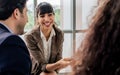 Selective focus Caucasian beautiful smart businesswoman smiling with happiness, success, confident, meeting, doing workshop, Royalty Free Stock Photo