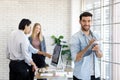 Selective focus on Caucasian businessmen using a checklist working to meet with business people Ethnic diversity in the office Royalty Free Stock Photo