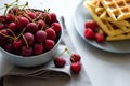 Selective focus on cherry bowl. Homemade belgian waffles with berries on gray table. Healthy breakfast concept Royalty Free Stock Photo