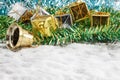 selective focus christmas decoration and snow fake on wood back Royalty Free Stock Photo