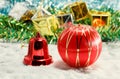 selective focus christmas decoration and snow fake on wood back Royalty Free Stock Photo