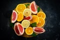 selective focus, citrus fruit on dark background